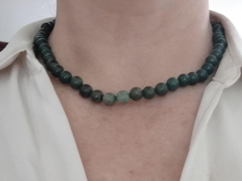 Faux Dark Jade Round Bead Choker Necklace 16″ with Wired Clasp