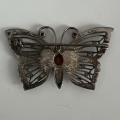 STERLING ( 925 ) BUTTERFLY BROOCH PIN WITH RED STONE & MARCASITES