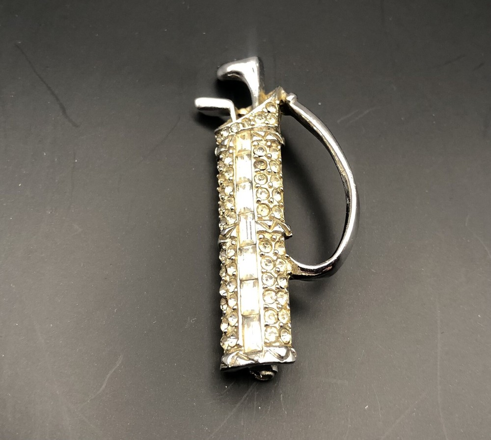 Vintage Rhinestone Silver Tone Golf Bag with 2 Clubs Brooch Pin