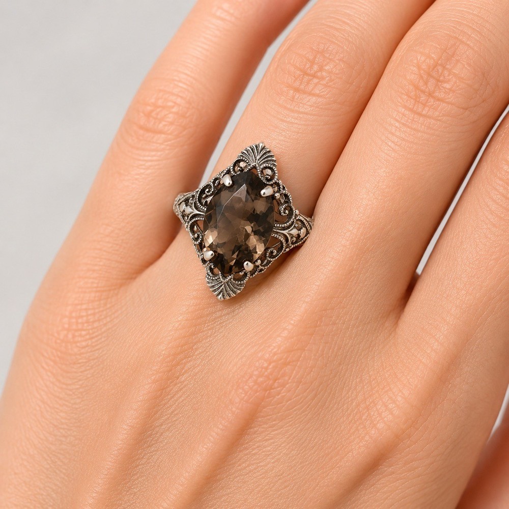 Estate Vintage Smoky Quartz Ring Sterling Silver 925 Filigree Size 6 Art Deco