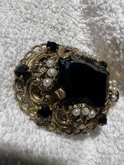 Vintage West Germany Filigree Gold Tone Pearl & Black Rhinestone Brooch Pin