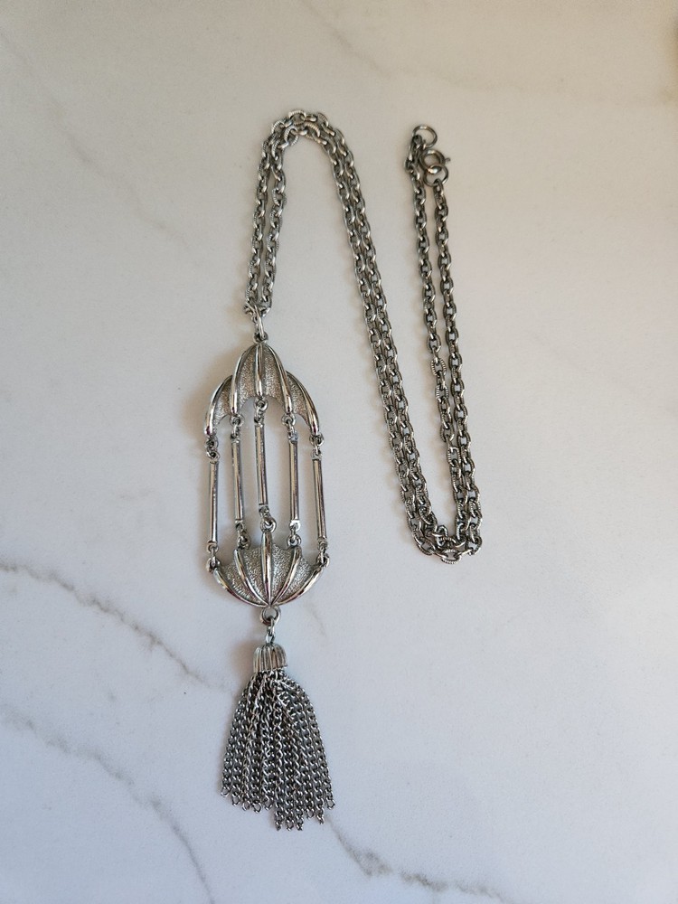 Vintage signed JJ JONETTE bird cage style tassel silver tone pendant necklace