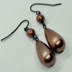 Vtg Brown Glass Pearl Teardrop Dangle Earrings Hook