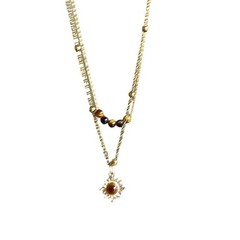 Vintage Brown Stone Pendant Necklace, Leather Choker, Retro Hip Hop Jewelry