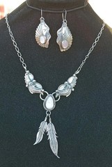 NAVAJO STERLING SILVER MOTHER OF PEARL FEATHER NECKLACE & EARRINGS 20.6 Grams
