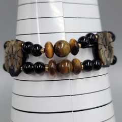 Lee Sands Bracelet Lion Face Zodiac Leo Tiger’s Eye Bead Stretch 6.25″