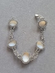 Ornate Antique 800 Silver Filigree shell Carved Cameo Link Bracelet: 7.5” Long