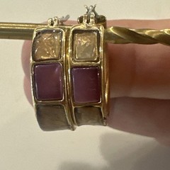Liz Claiborne “LC” Signed Multi-Colored Glass Stone Gold Hoop Earrings VTG