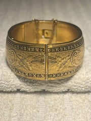 Antique 1930’s Victorian Revival Etched Hinged Bangle Wide Gold tone Bracelet