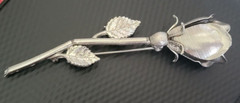 Vintage Single ROSE BROOCH PIN Silver Long Stem with 2 Leaves 3.75″ inches