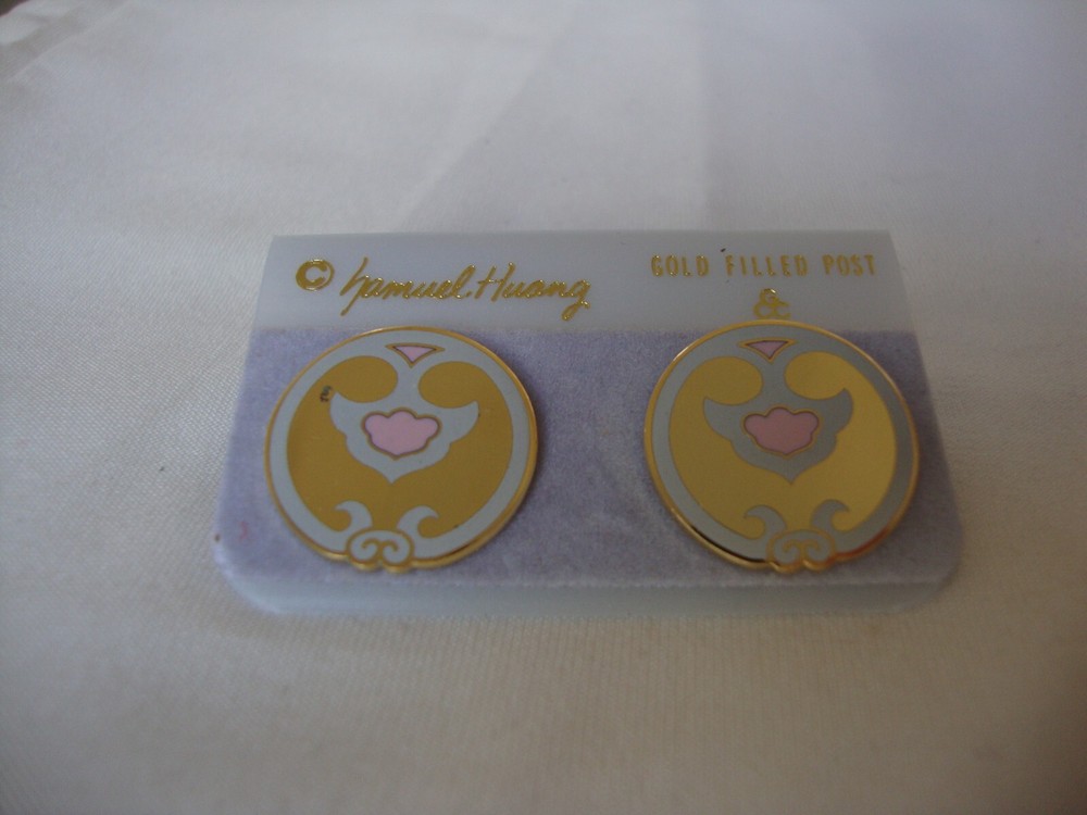 VINTAGE SAMUEL HUANG DESIGNER CLOISONNE RETRO ABSTRACT PINK & GRAY STUD EARRINGS