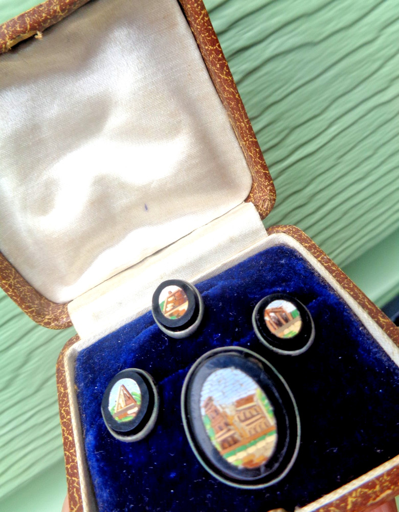 Micro Mosaic Booch & Collar Stud Button Set Italian Victorian Antique c1880s