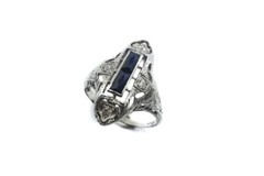 STRIKING ART DECO 18K GOLD OPEN WORKED BELAIS DIAMOND SAPPHIRE RING c1920’s