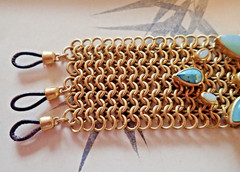 Chunky Wide Brass Metal Meshed Bracelet with Amazonite Stones Signed KC