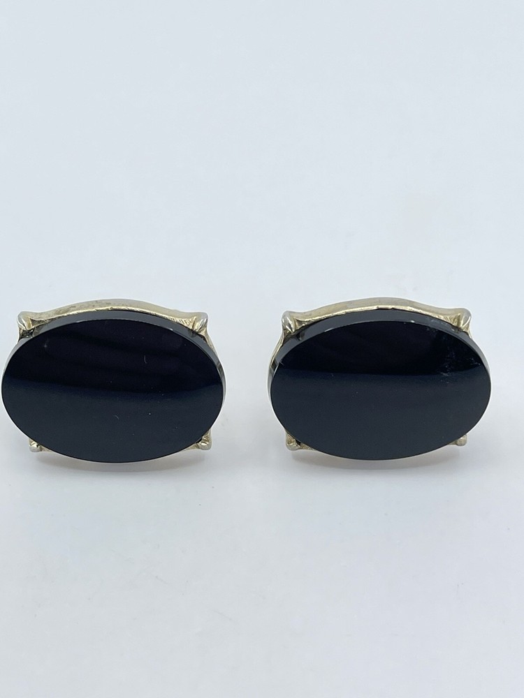 Vintage Black Onyx mens cufflinks oval gold tone bullet back 7/8″