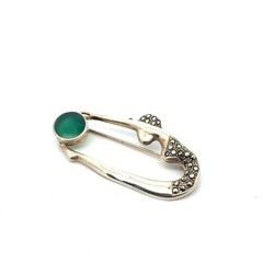 .925 Sterling Silver Green Onyx & Marcasite Art Deco Beauty Pin, 5.3g
