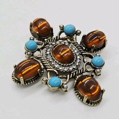 Gripoix Maltese Cross Brooch Pin Amber Blue Gold tone Statement Cabochon 2.25 in
