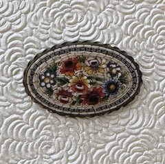 Vintage Floral micro mosaic / silver tone metal brooch