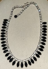 Joseph Warner Signed Black Glass Rhinestone Bib Necklace Vintage Mid Century 15”