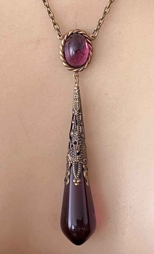 Vintage Necklace Art Nouveau Lavalier Pendant Antique Amethyst Czech Glass