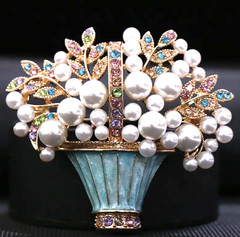 BROOCH-Glazed Pearl Flower Brooch, Fashion Flower Basket Potted Plant