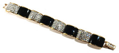 Vintage Swarovski Black Enamel & Clear Crystals Rhinestones Gold Bracelet 7 Inch