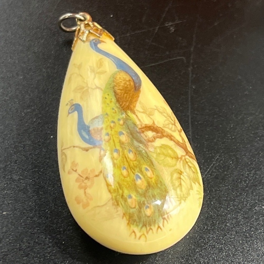 Vintage Peacock teardrop pendant 1960 – 1970s 1.13″W × 2.75″.
