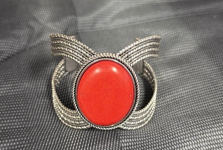 Southwestern Style Red Coral Silver Tone Rope Design Cuff Bracelet