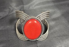 Southwestern Style Red Coral Silver Tone Rope Design Cuff Bracelet