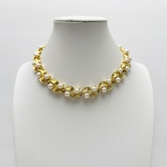 Vintage Faux Pearl Textured Goldtone Vine Leaves Leaf Collar Necklace 17”