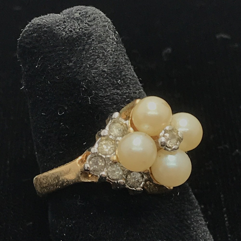 Vintage 18K HGE Gold Plated Delicate Faux Pearl & Crystals Ring varied sizes