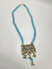 Vintage Style Jadau Kundan Pendant Sky Blue Beaded Festival Choker Necklace