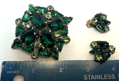 Designer Set Brooch Pin Earrings Green Rhinestone Unsigned Antique MCM