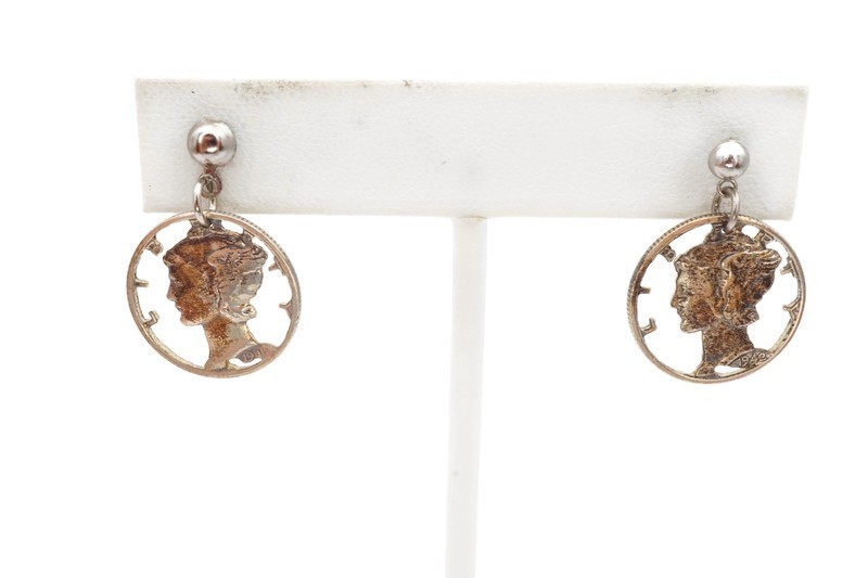 Vintage Carved Mercury Silver Dimes Earrings