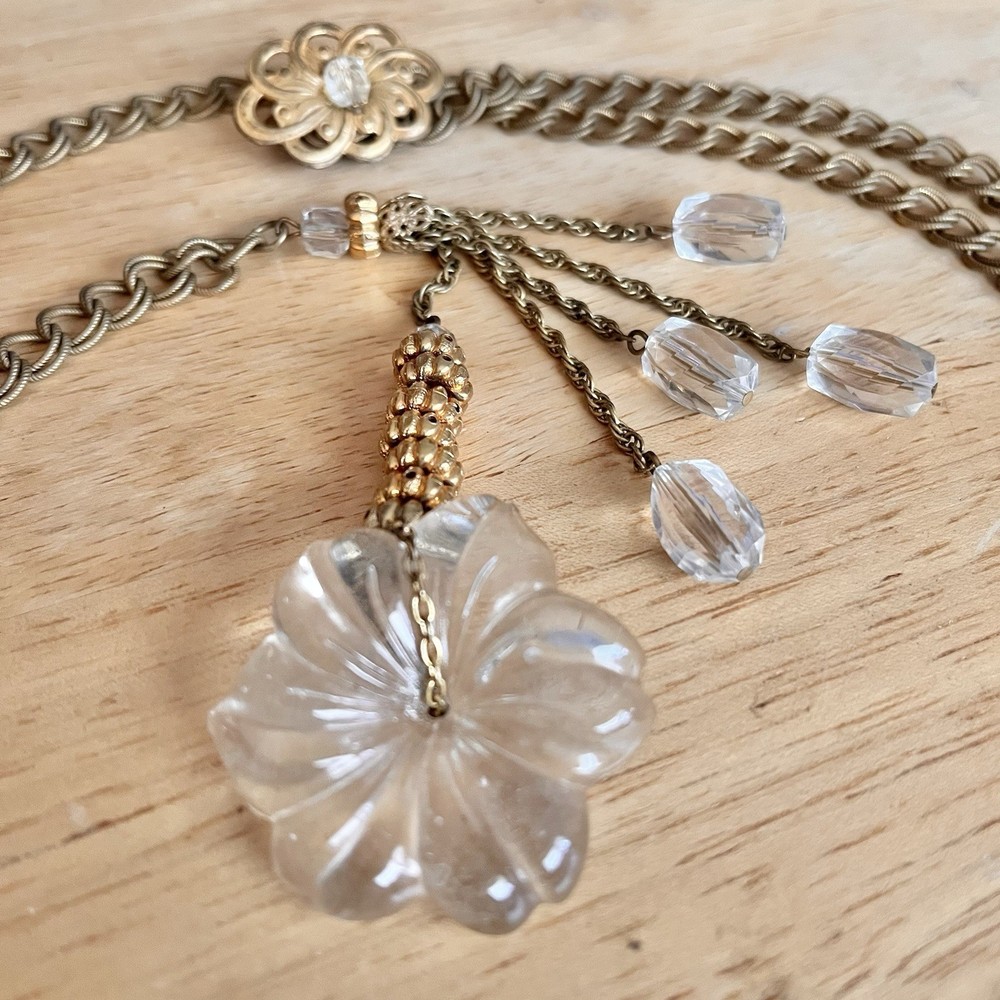 Vintage Signed Miriam Haskell Glass Flower & Bead Necklace Lariat Huge! 46”