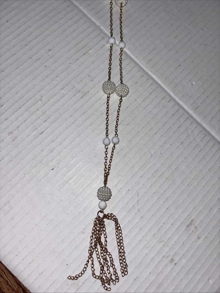 Vintage Gold Metal And Bead Necklace 20” Imitation Pearl