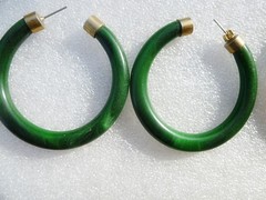 Vintage Green Faux Jade Stone Hinged Bracelet Bangle & Hoop Earrings