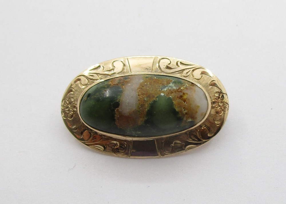 Unakite Cabochon Engraved Pin 10 Karat Yellow Gold 32 mm x 21 mm