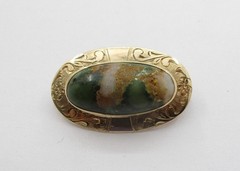 Unakite Cabochon Engraved Pin 10 Karat Yellow Gold 32 mm x 21 mm