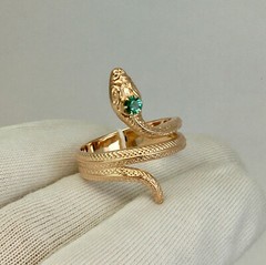 Antique Green Eye Snake Wrap Ring 2.0 Ct Simulated Emerald 14k Yellow Gold Over
