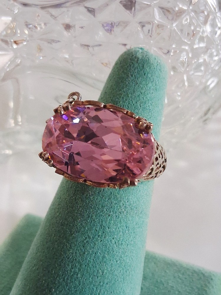 Pink Topaz CZ Statement Ring With Dangling Butterfly Charm 7 Sterling Silver
