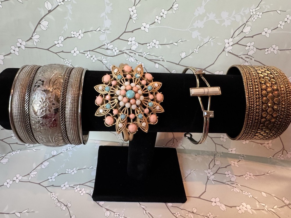 MCM Mixed Lot of 4 Bracelets Bangles Brooch Silver Gold Pink Blue