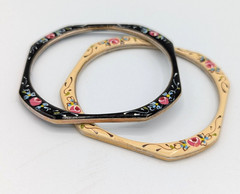 2 Vintage Octagon Bangle Bracelet Black & Ivory Enamel Hand Painted Roses