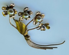 Vintage Floral Spray Brooch Pin Copper Brass Tone Faux Pearl Mid-Century Style