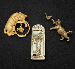 VTG Lot of 3 Cat Brooches JJ Jonette AJC Cat Fish Bowl Cat Butterfly Gold Tone