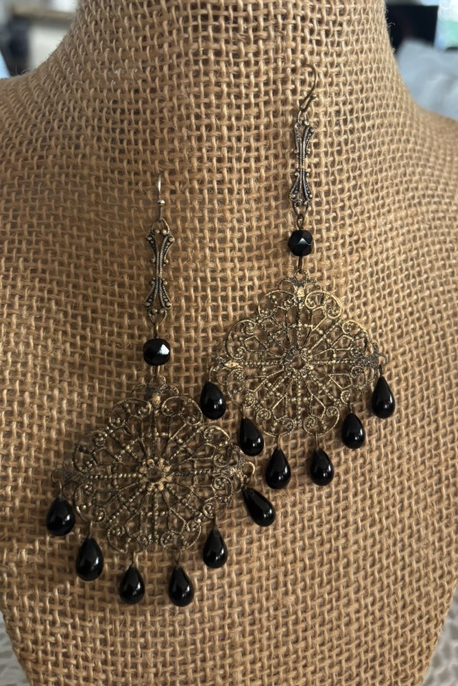 Vintage Chandelier Earrings- Filigree & black Teardrop Dangles
