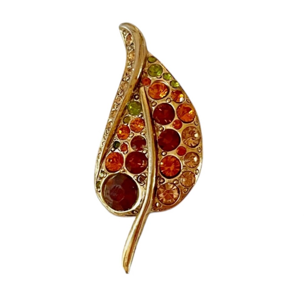 Vintage Rhinestone Leaf Brooch. Multicolor. Goldtone Setting…Autumn,Fall leaf..