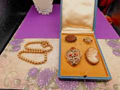 Antique jewelry lot mixed necklaces Gold filled beads Cameo Victorian broochs