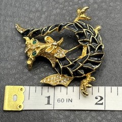 GORGEOUS Black Enamel Chinese Dragon Green Rhinestone Unsigned Gold Tone Brooch