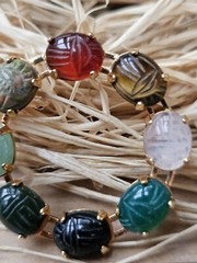 Vintage Scarab Beetle Brooch Carved Gemstones Gold Over Sterling